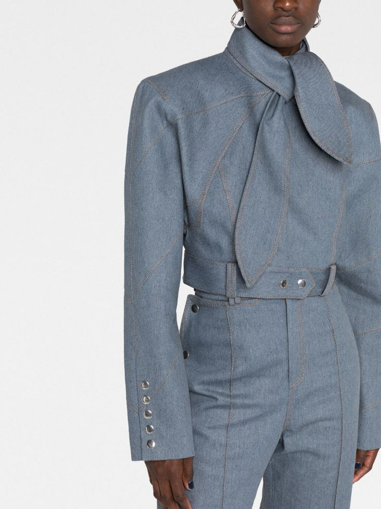 Blue Pussy-bow Collar Denim Jacket