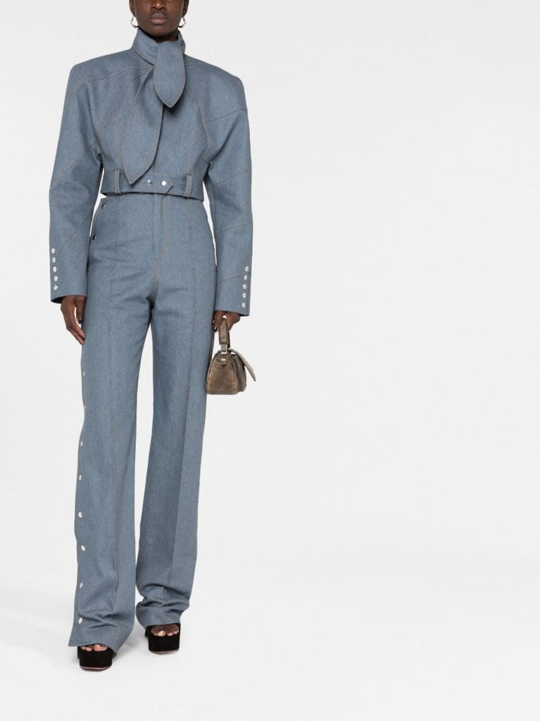 Blue Pussy-bow Collar Denim Jacket