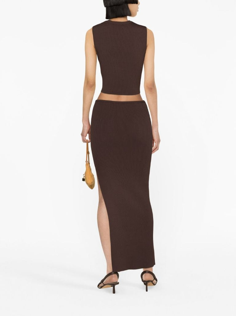 Brown Slashed Knit Crop Top