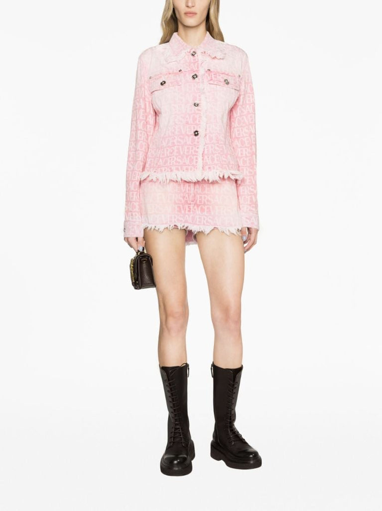 Pink Versace Allover Denim Mini Skirt