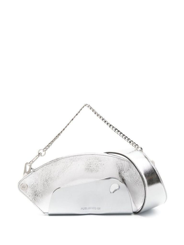 Silver-tone Logo-engraved Metallic Shoulder Bag