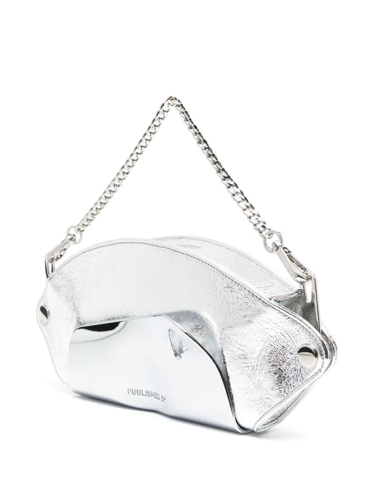 Silver-tone Logo-engraved Metallic Shoulder Bag