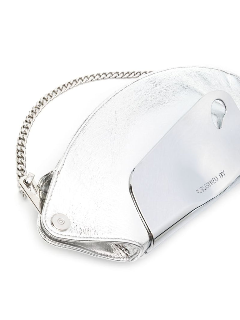 Silver-tone Logo-engraved Metallic Shoulder Bag