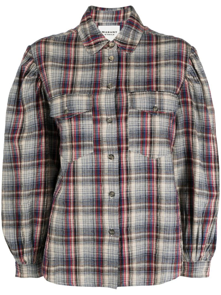 Beige Plaid Puff-sleeve Shirt