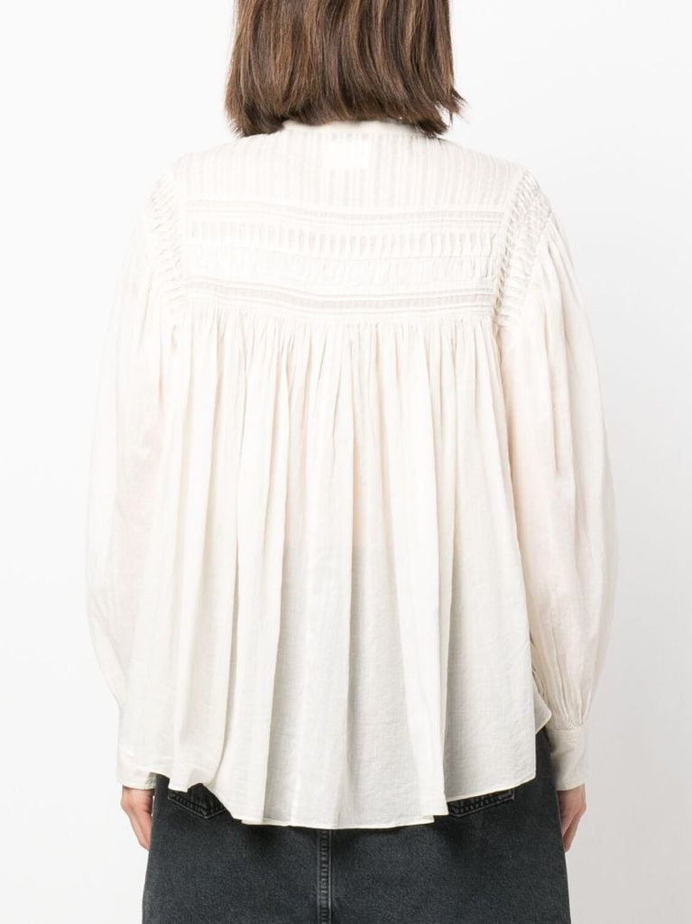 White Wide-sleeved Ruched Blouse