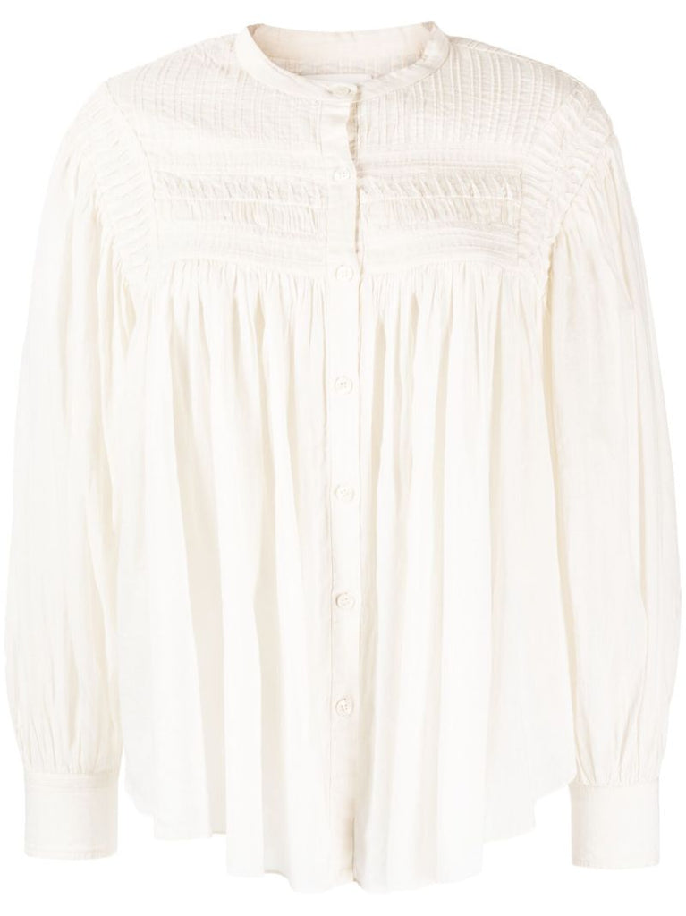 White Wide-sleeved Ruched Blouse