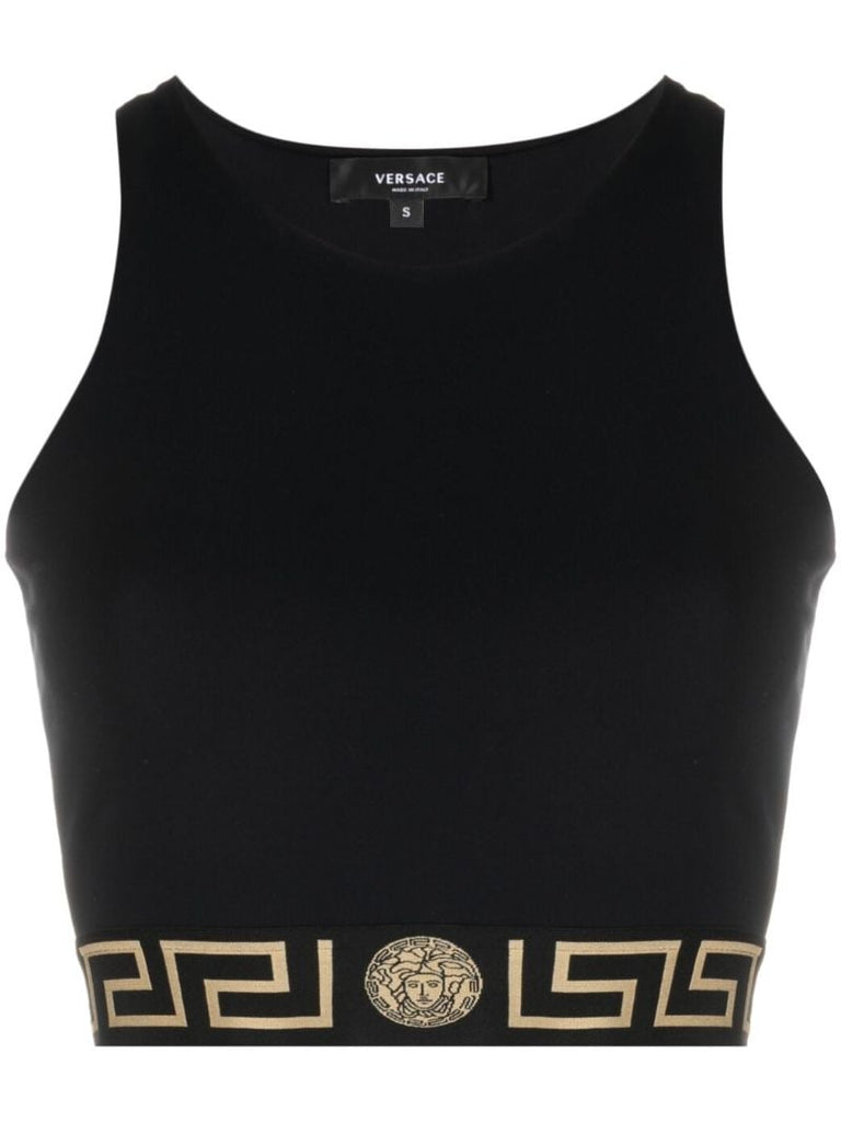 Black La Greca Print Sports Bra
