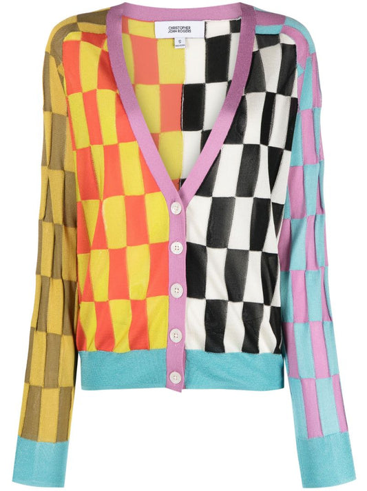 Blue Checked V-neck Cardigan