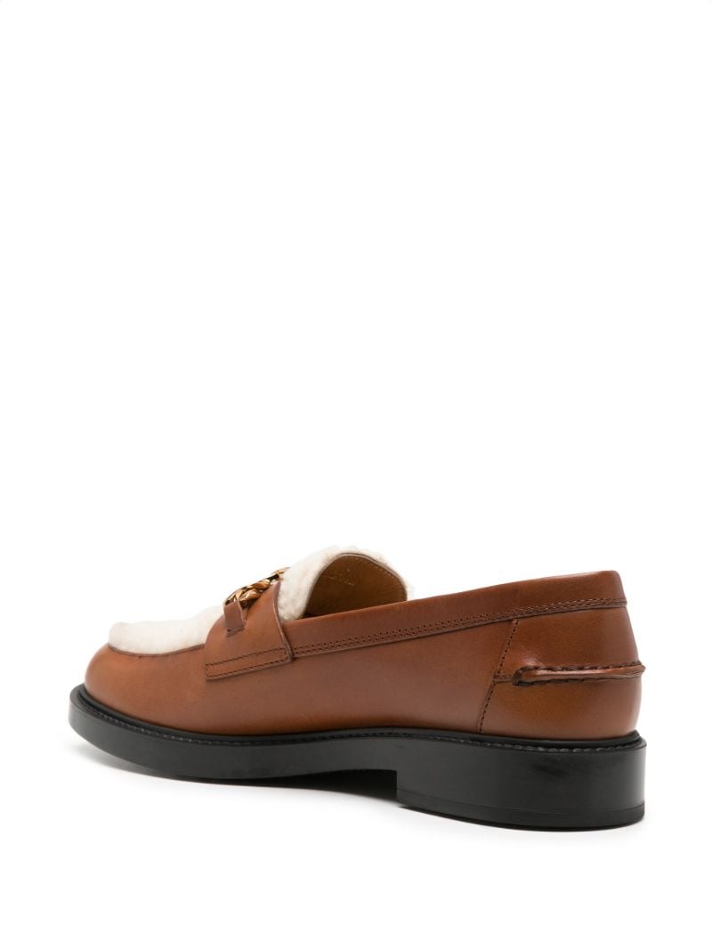 Brown and White Chain-detail Shearling Leather Loafers