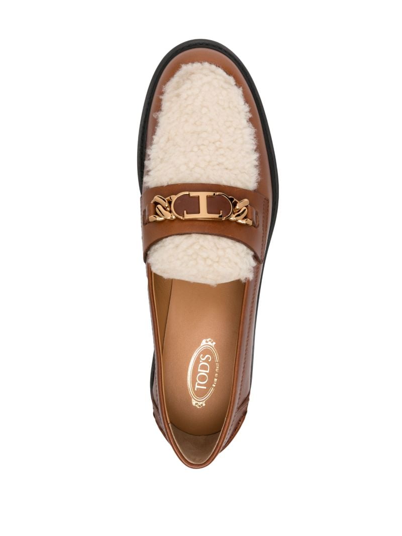 Brown and White Chain-detail Shearling Leather Loafers