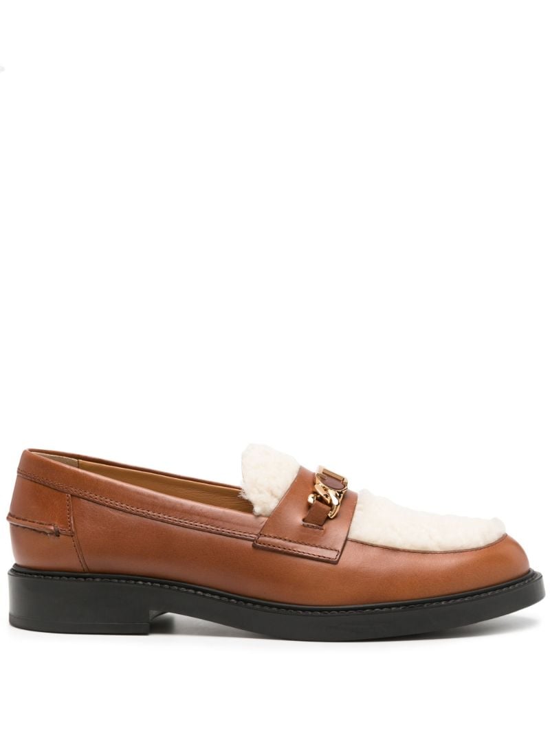 Brown and White Chain-detail Shearling Leather Loafers