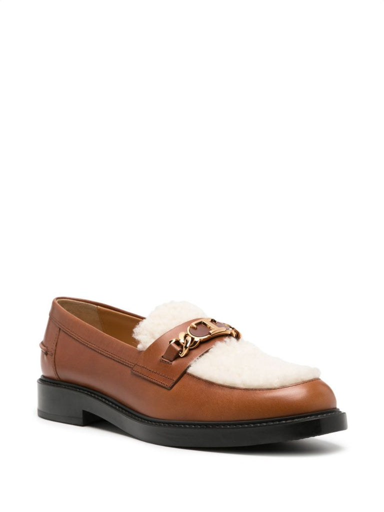 Brown and White Chain-detail Shearling Leather Loafers