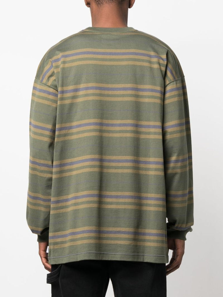 Green Striped Logo Print Cotton T-shirt
