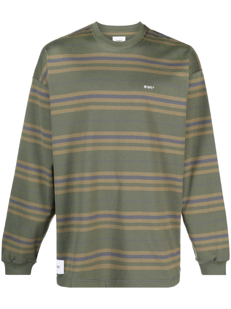 Green Striped Logo Print Cotton T-shirt