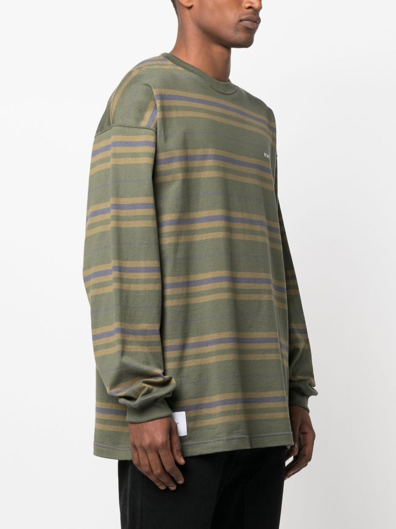 Green Striped Logo Print Cotton T-shirt