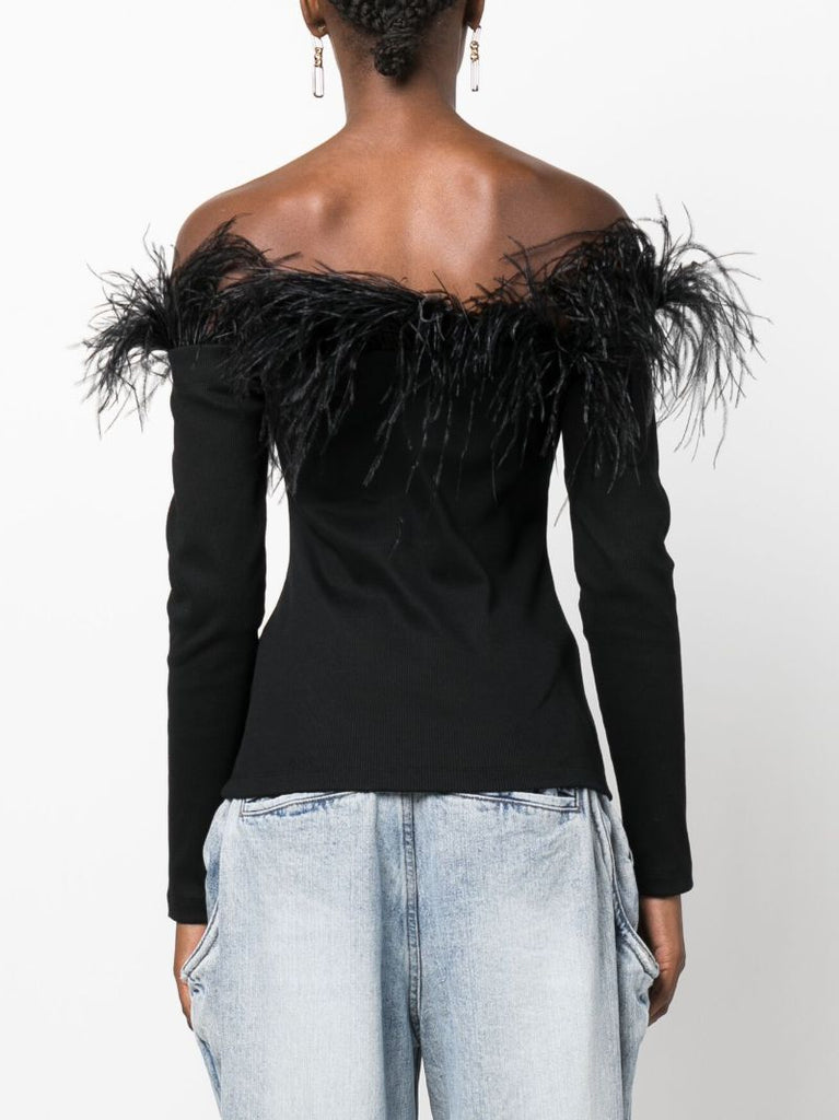 Black Feather-trim Organic Cotton Top