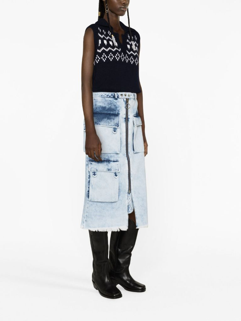 Blue Denim Cargo Pocket Midi Skirt