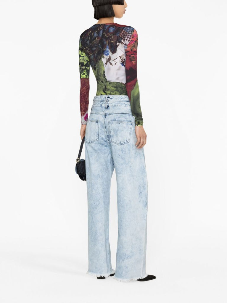 Blue Double-waist Wide-leg Jeans
