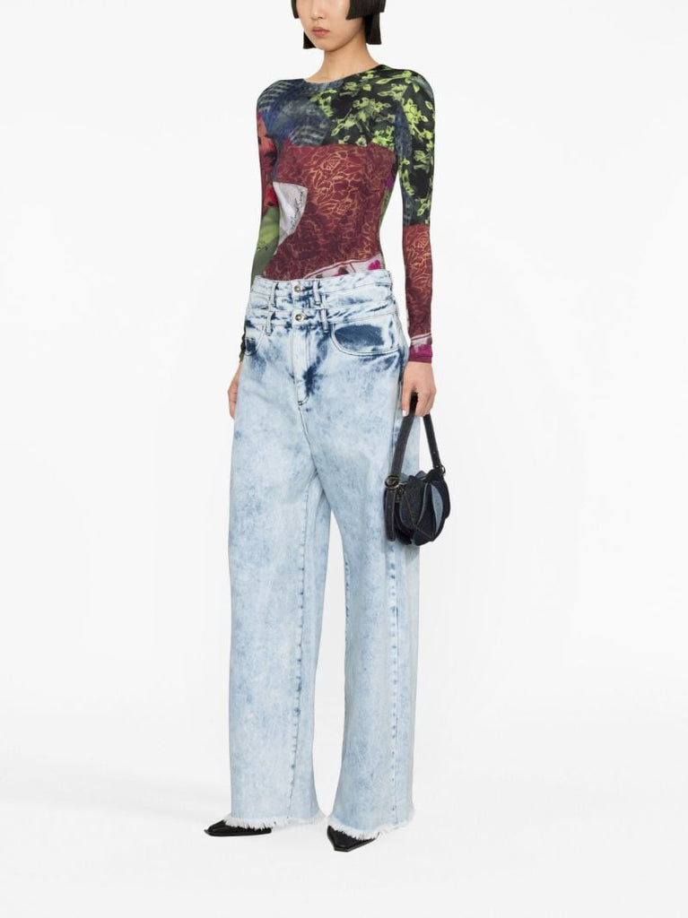 Blue Double-waist Wide-leg Jeans
