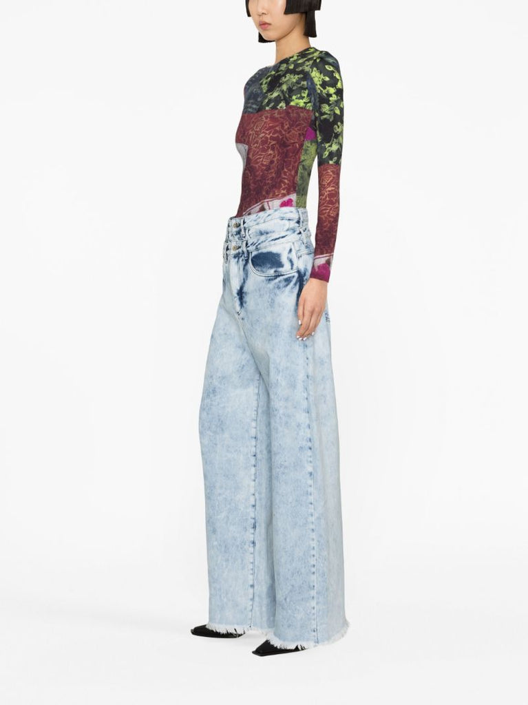 Blue Double-waist Wide-leg Jeans