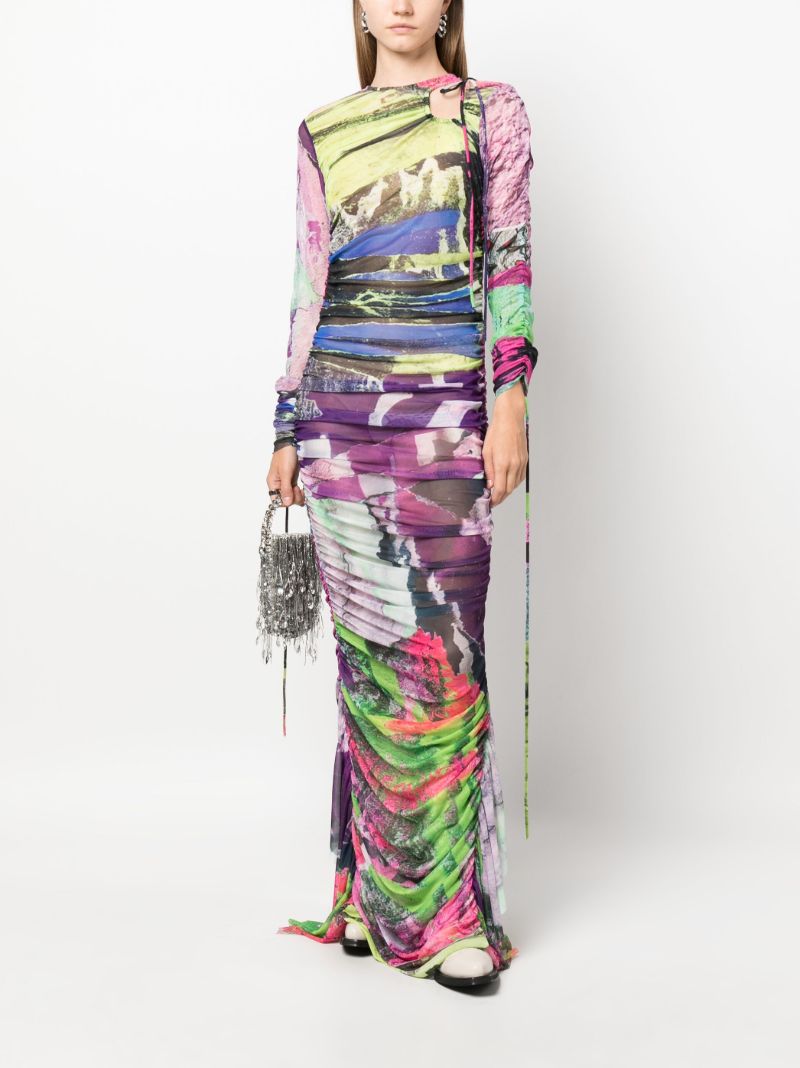 Green Graffiti-print Gathered Dress