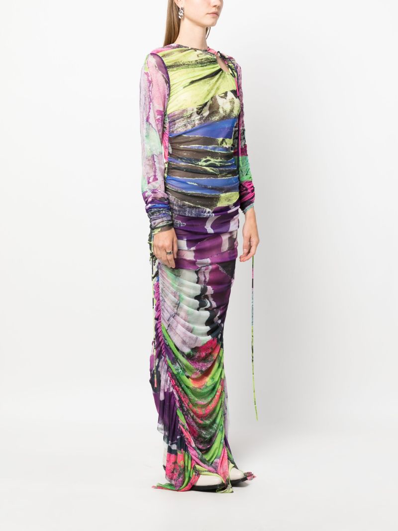 Green Graffiti-print Gathered Dress