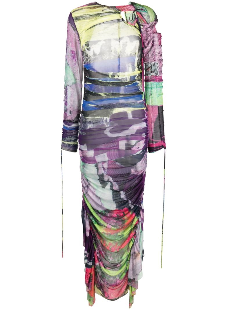 Green Graffiti-print Gathered Dress