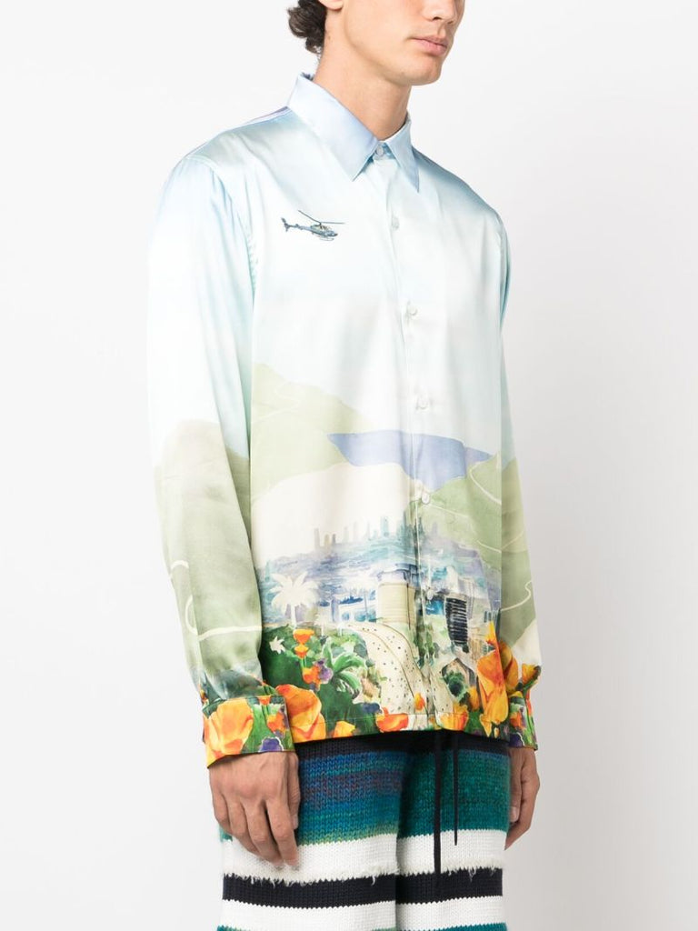 Blue Helicopter Landscape-print Silk Shirt
