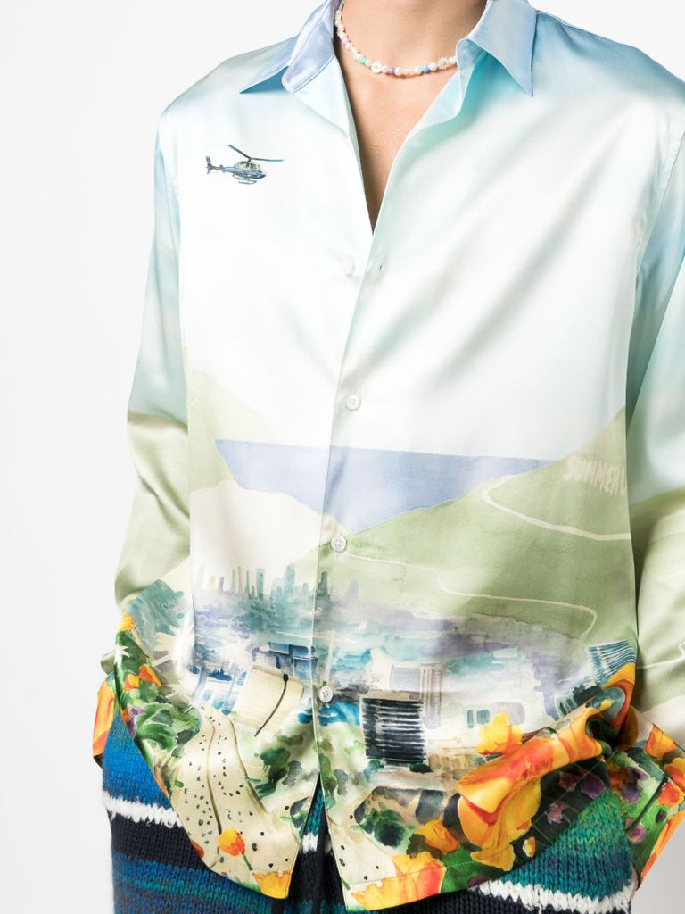Blue Helicopter Landscape-print Silk Shirt