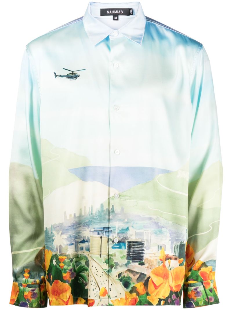 Blue Helicopter Landscape-print Silk Shirt