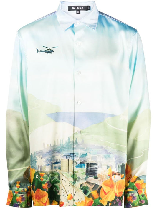 Blue Helicopter Landscape-print Silk Shirt