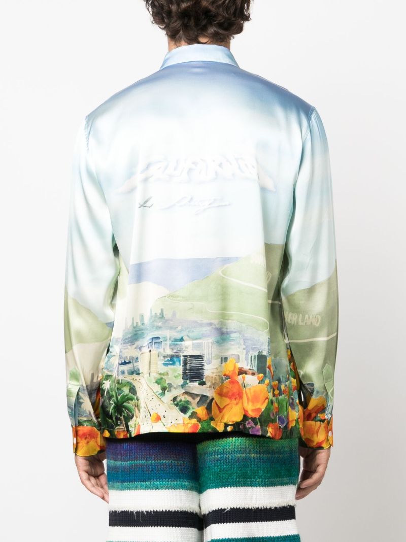 Blue Helicopter Landscape-print Silk Shirt