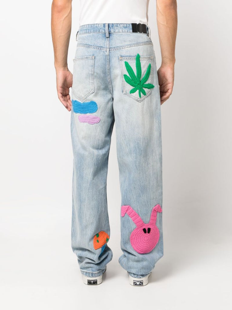 Blue Knit Patches Wide-leg Jeans
