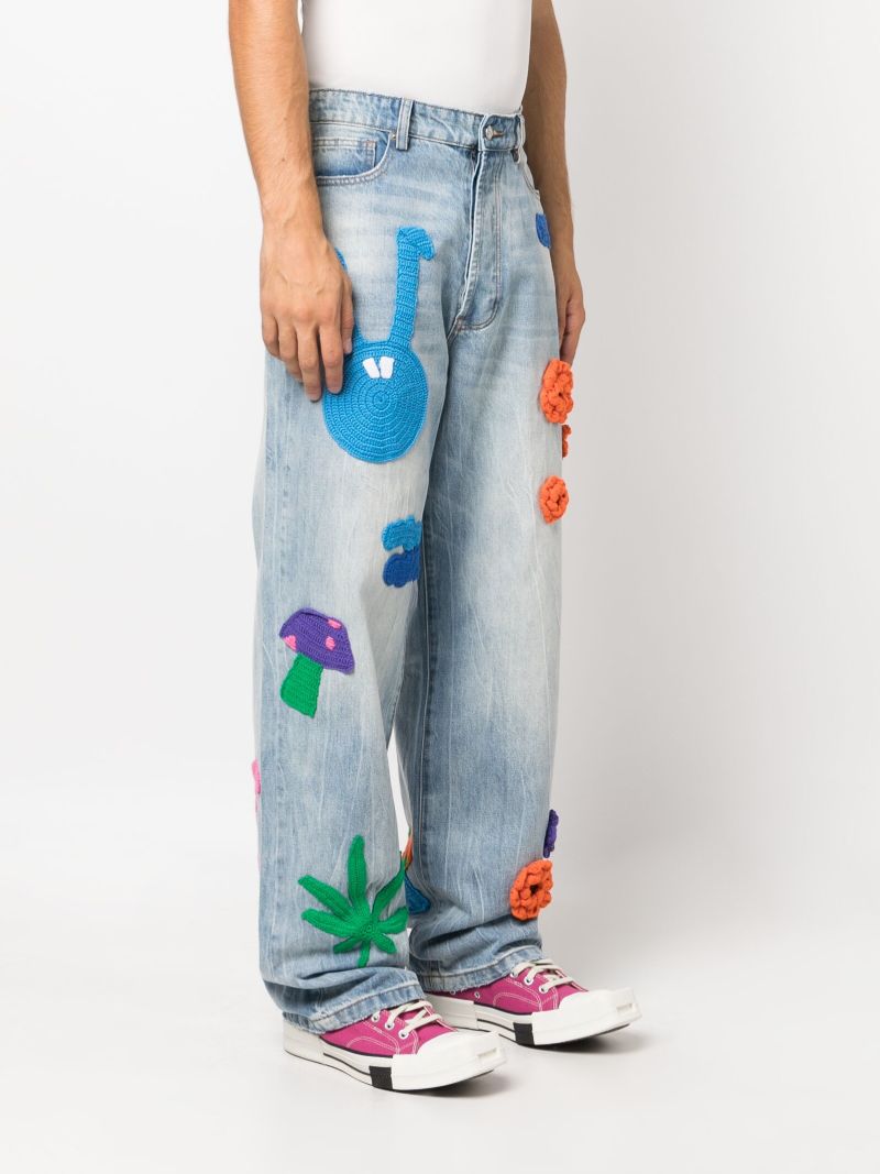 Blue Knit Patches Wide-leg Jeans