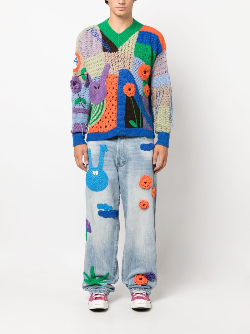Blue Knit Patches Wide-leg Jeans