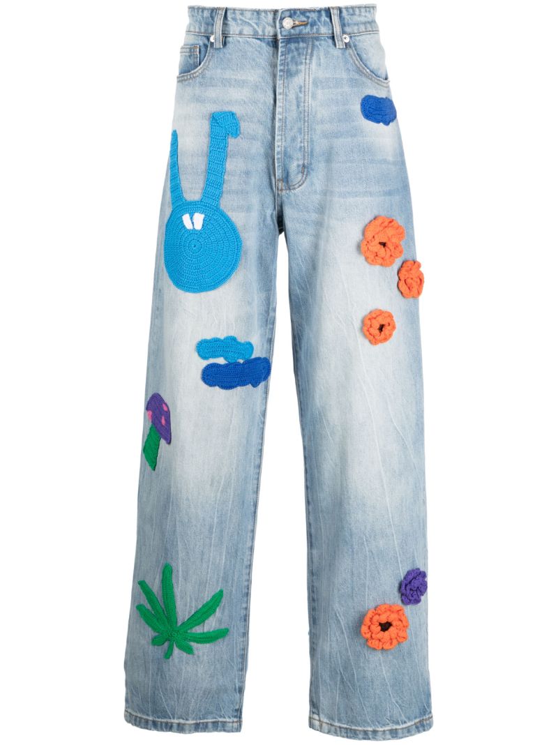 Blue Knit Patches Wide-leg Jeans