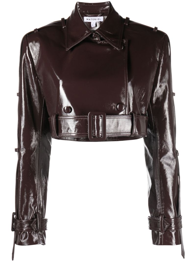 Brown Cropped Vinyl Biker Jacket