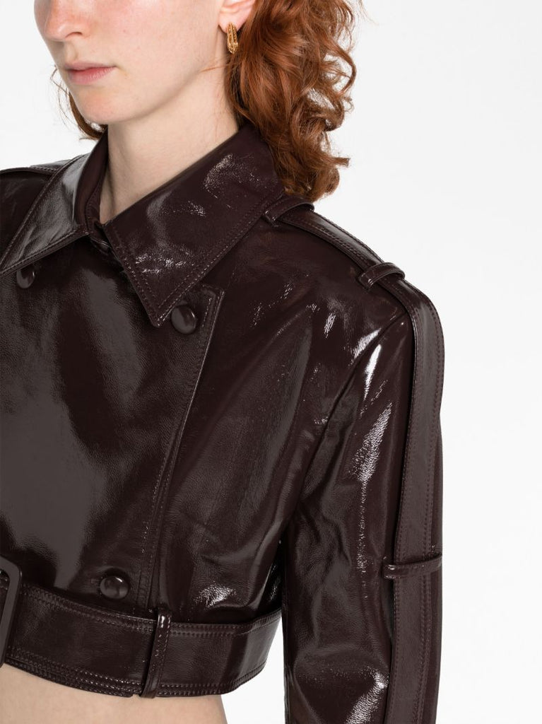 Brown Cropped Vinyl Biker Jacket