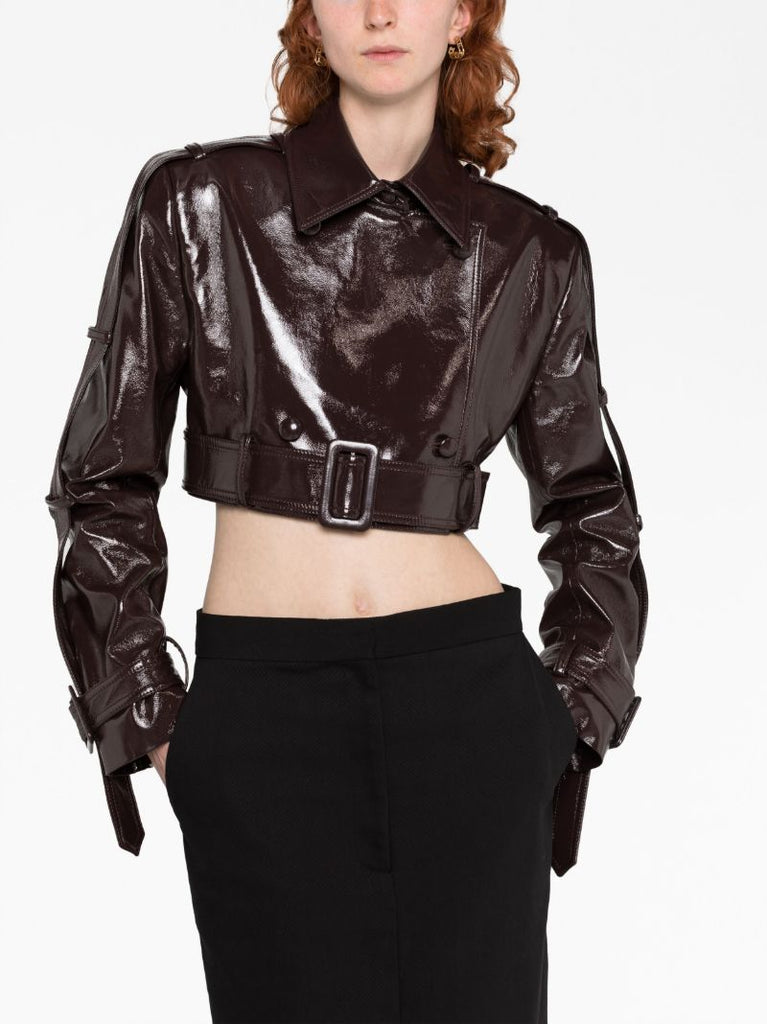 Brown Cropped Vinyl Biker Jacket