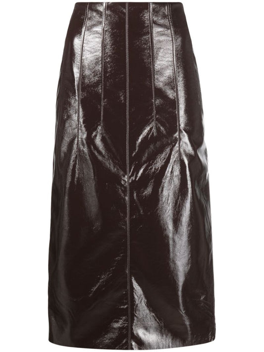 Brown Crinkle Vinyl Midi Skirt