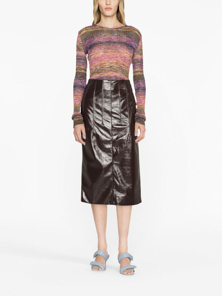 Brown Crinkle Vinyl Midi Skirt