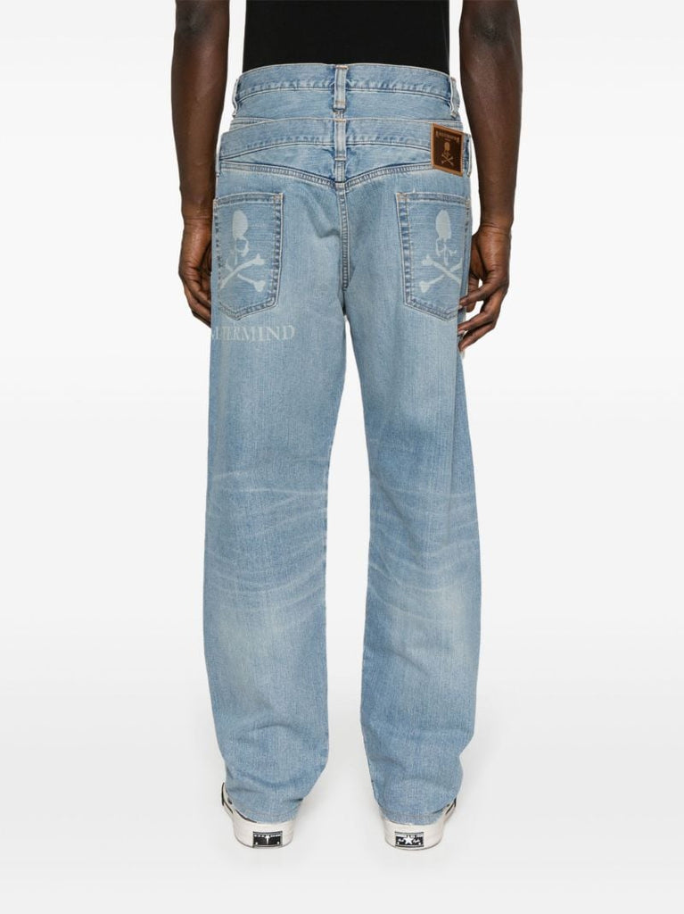 Blue Double-waist Straight-leg Jeans
