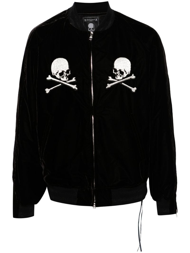 Black Skull-embroidered Velour Bomber Jacket