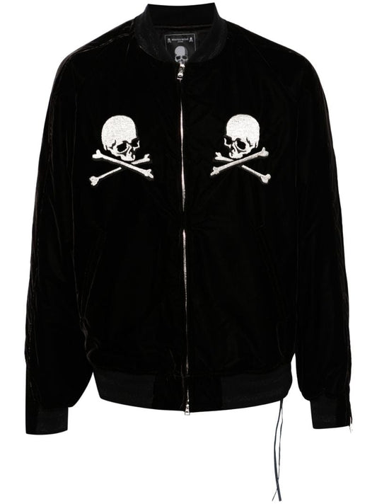 Black Skull-embroidered Velour Bomber Jacket
