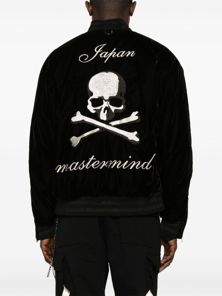 Black Skull-embroidered Velour Bomber Jacket