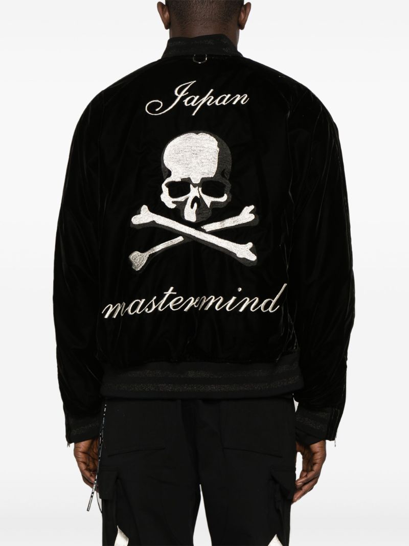 Black Skull-embroidered Velour Bomber Jacket