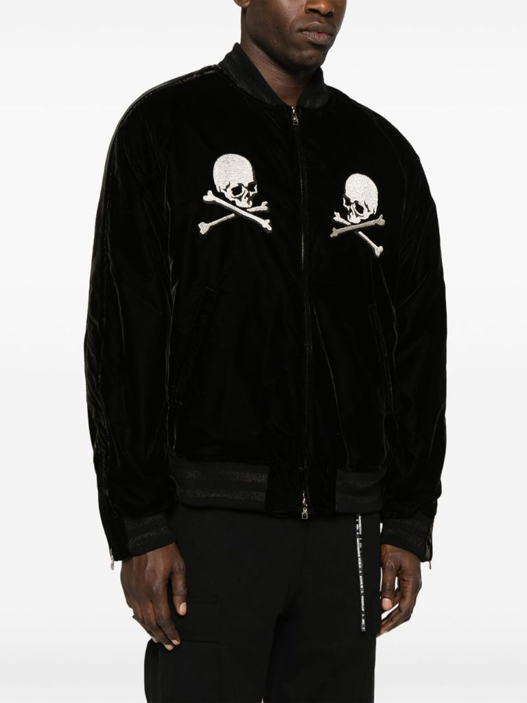 Black Skull-embroidered Velour Bomber Jacket