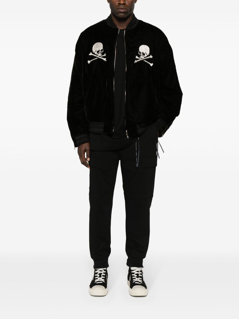 Black Skull-embroidered Velour Bomber Jacket