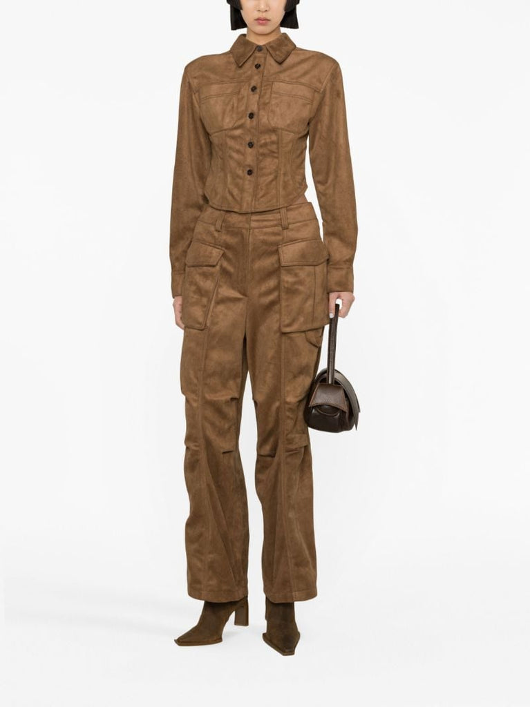 Brown Faux-suede Cropped Shirt