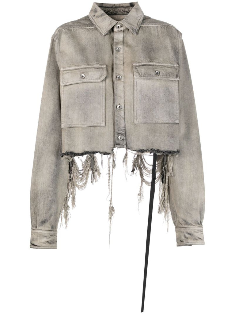 Grey Distressed Cropped Shirt Jacket